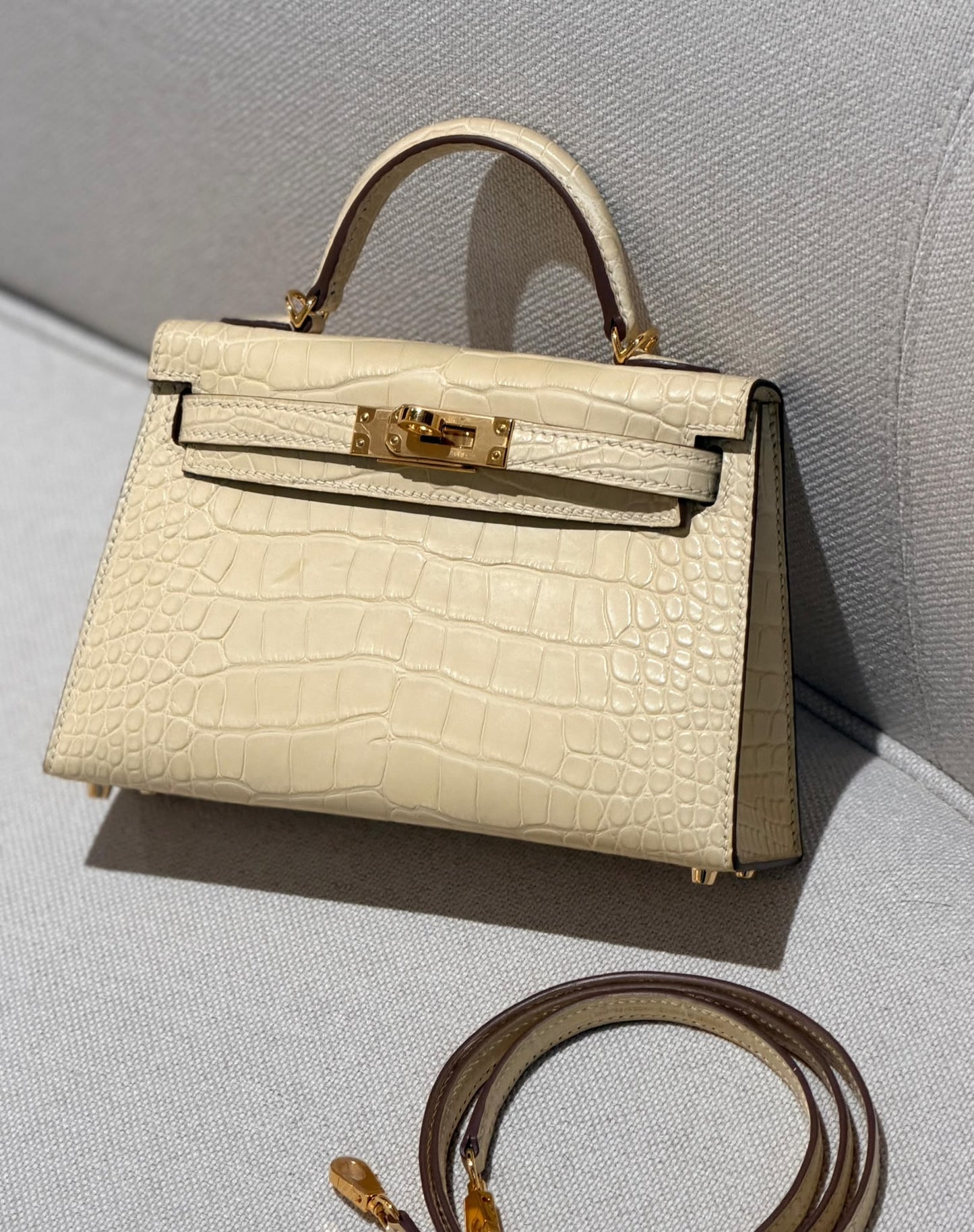 Hermes mini kelly 20 vanilla matte alligator gold hardware