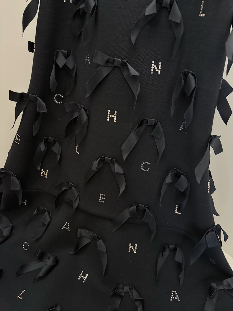 Chanel 23s Black 3D Bow Rhinestone Logo Dress