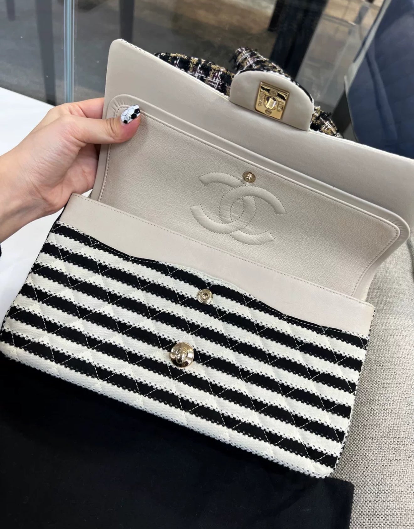 Chanel 14C Black
White Striped Flap Bag