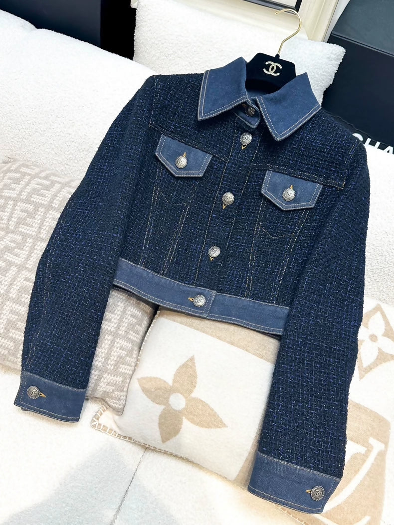 18P CHANEL ジャケット Chanel 18p blue tweed denim jacket – Wararni.com