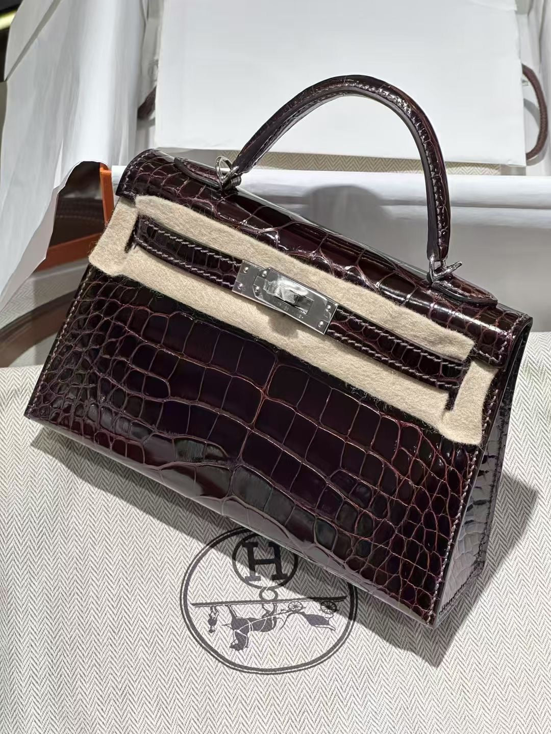Hermes Mini Kelly 20 Havane Shiny Alligator Palladium Hardware