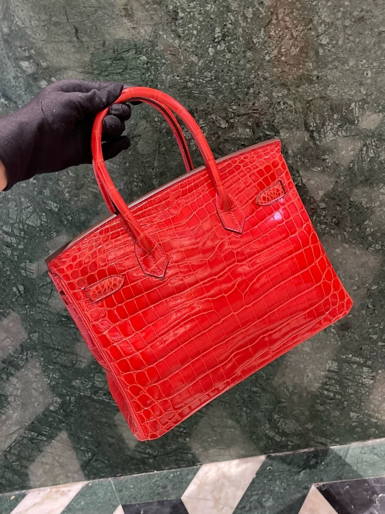 Hermes Birkin 30 D5 Geranium red shiny crocodile leather gold hardware