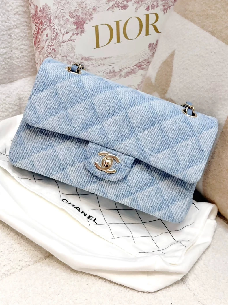Chanel 22B Small Blue Denim Gold Quilted Chain Crossbody Bag
