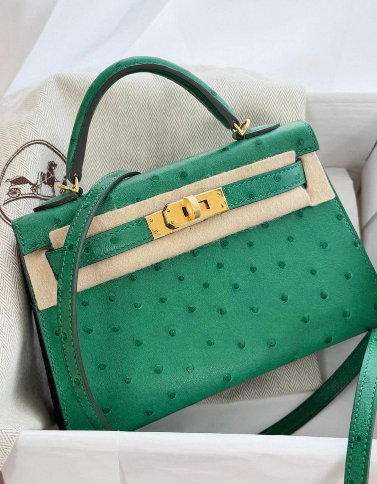 Hermès Mini Kelly Emerald Green Ostrich Leather Gold - Wararni