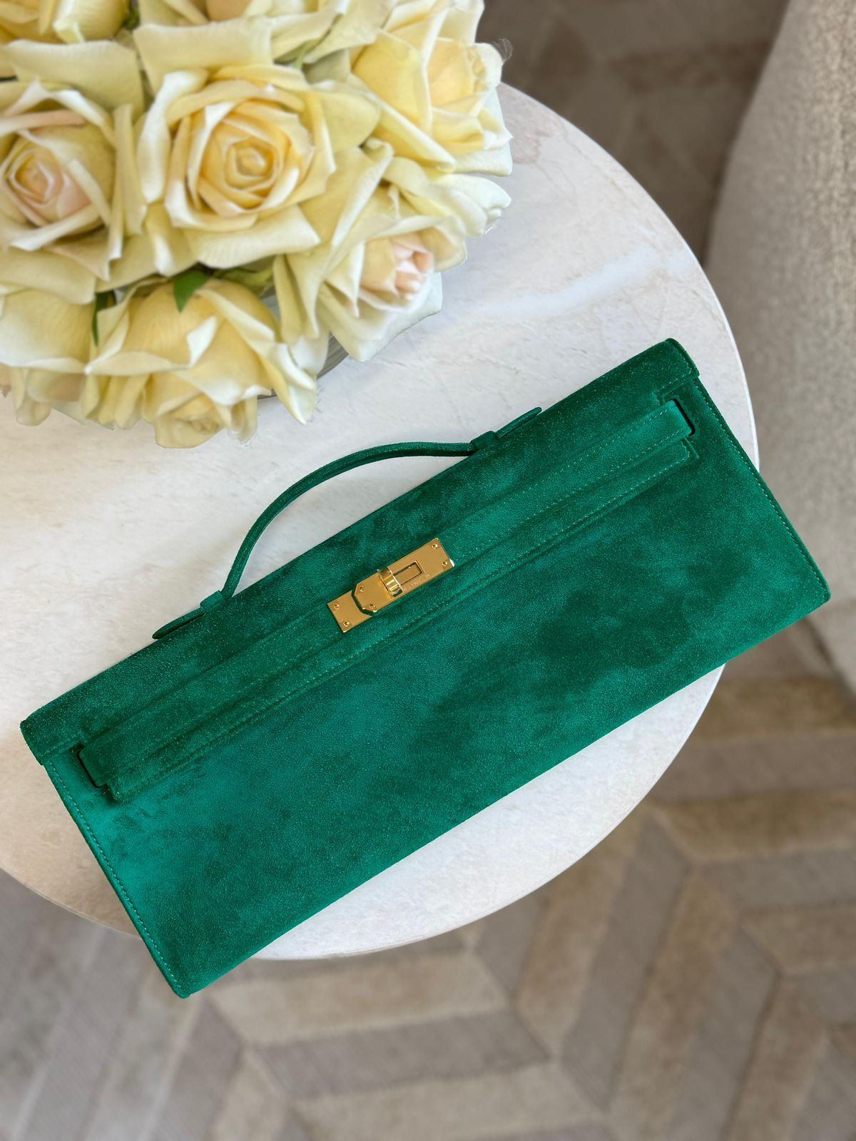 Rare Hermes Kelly cut Green Doblis Suede leather gold hardware
