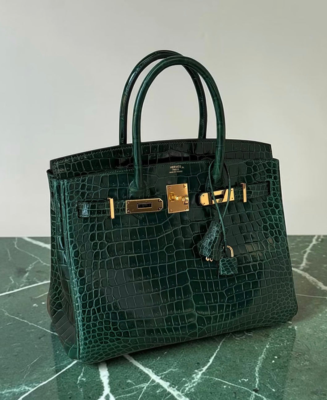 Hermes Birkin 30 Vert Fonce Shiny porosus crocodile leather gold hardware
