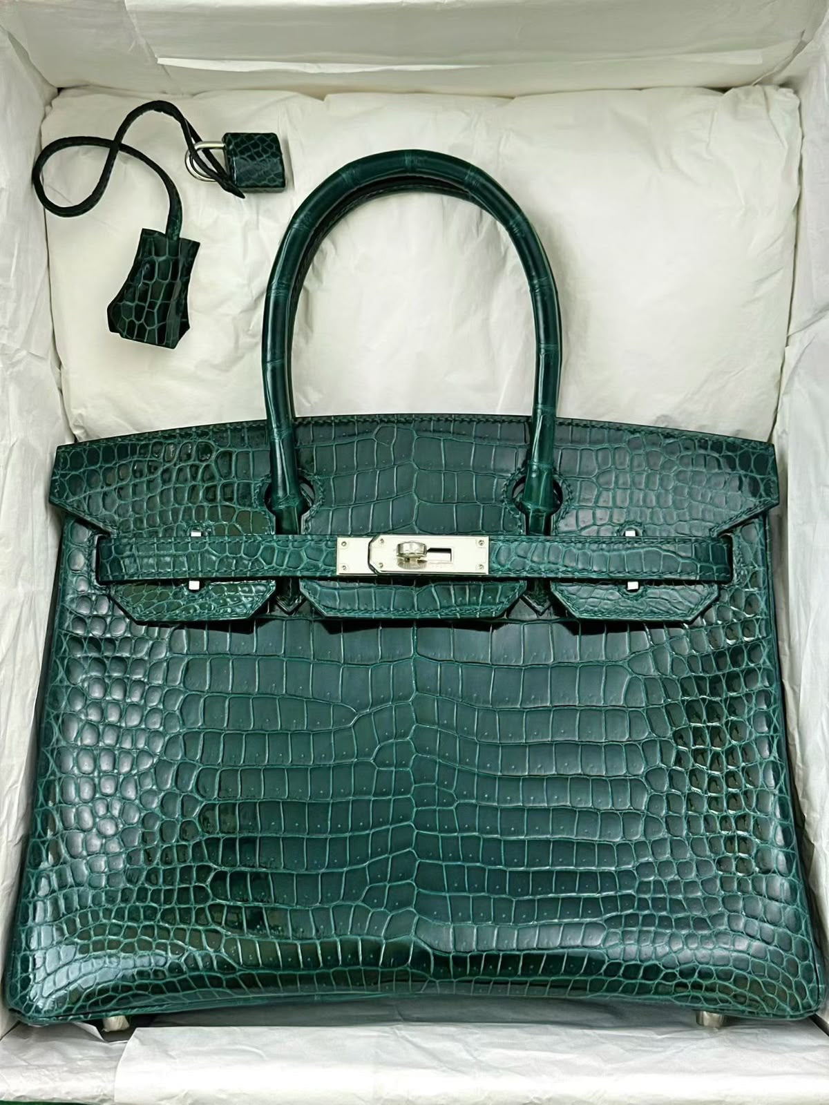 Hermes Birkin 30 Vert Cypress Shiny Porosus Palladium Hardware