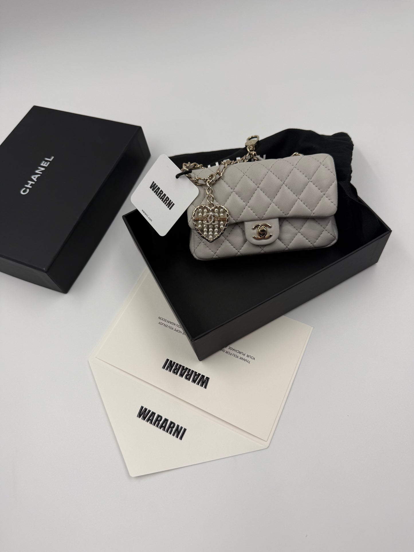 Chanel 25A CLASSIC MINI BAG WITH HOOK Gray Calfskin & light Gold-Tone Metal