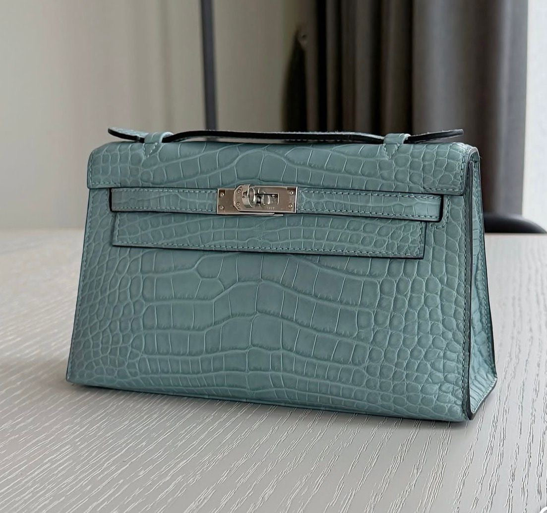 Rare / Hermes Kelly Pochette Ciel matt alligator leather palladium hardware