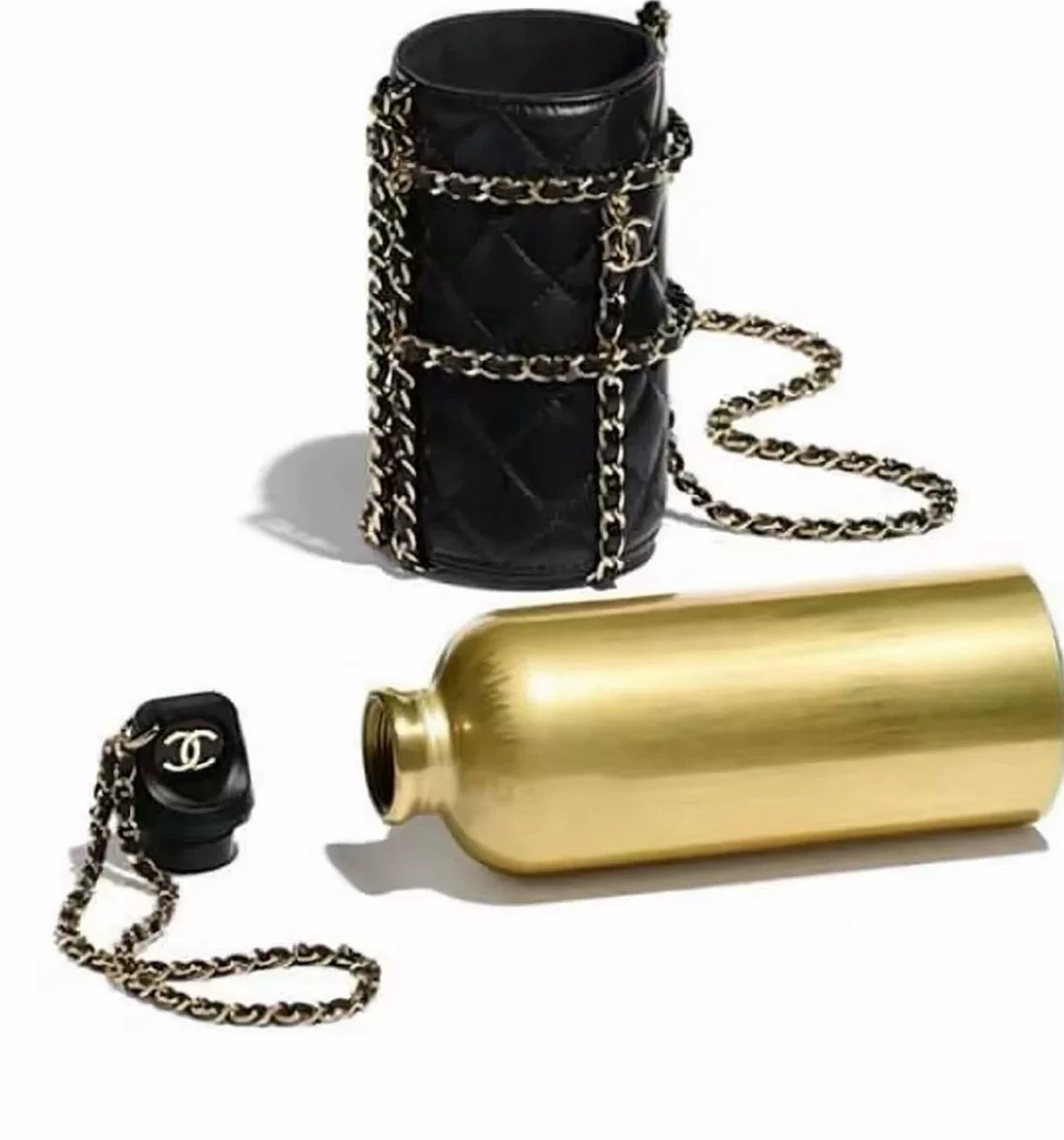 Chanel Gold CC Water Bottle Black Quilted Lambskin Gold Hardware
