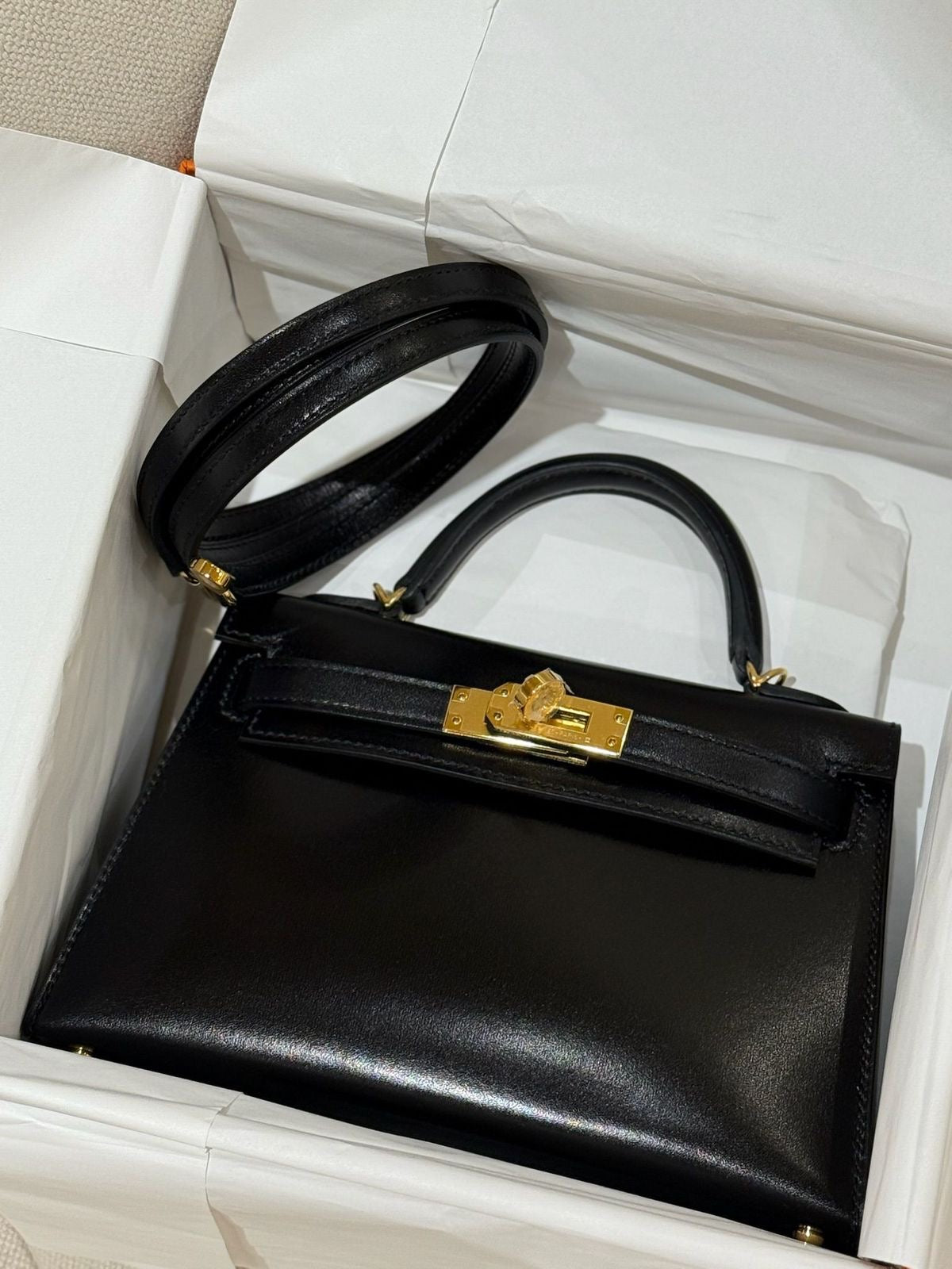 Hermes Mini Kelly 20 Black Box Gold hardware