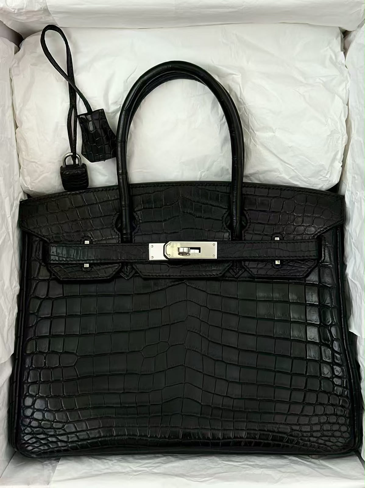 Hermes Birkin 30 black matte niloticus crocodile leather palladium hardware