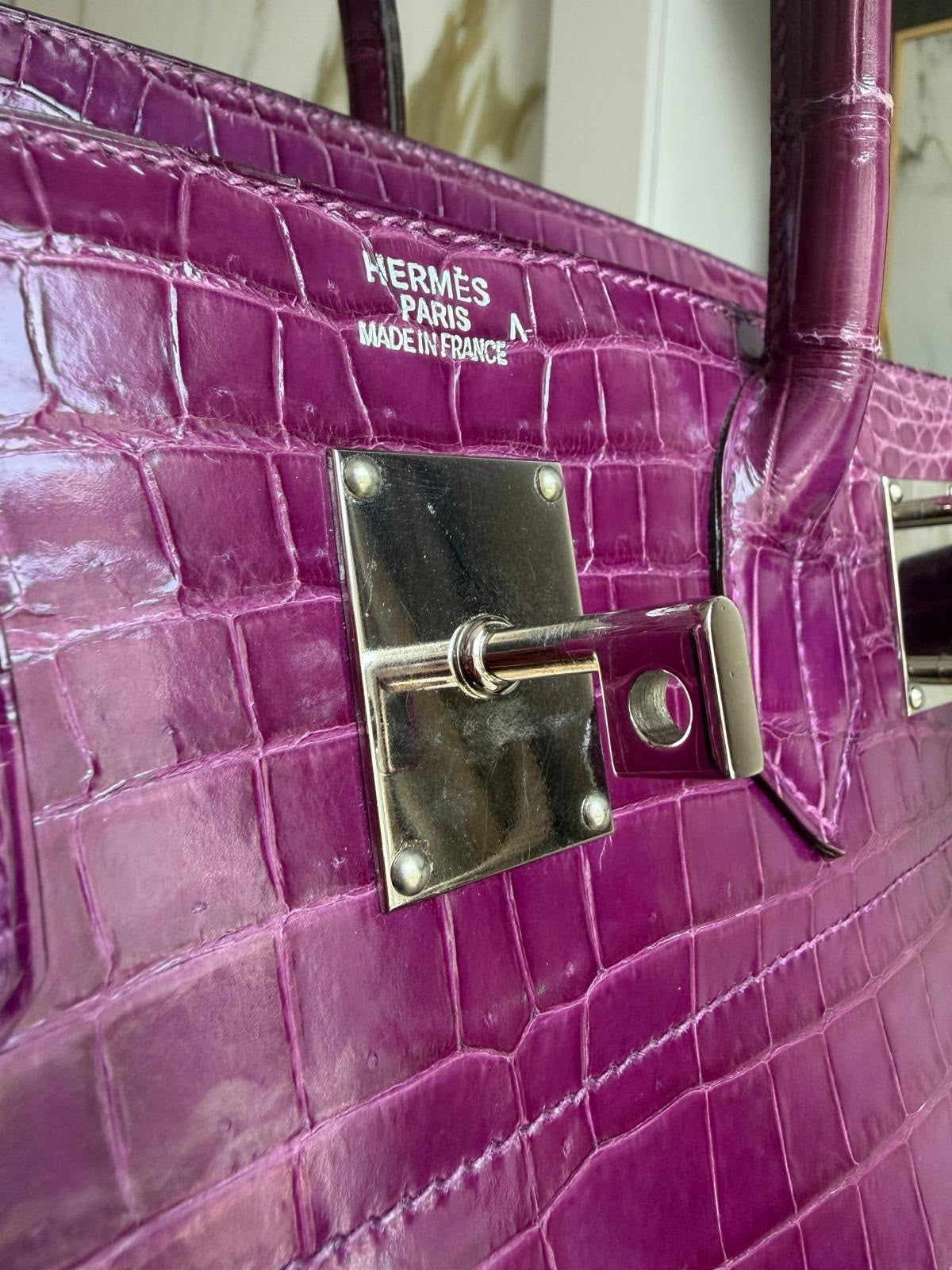 Hermes Birkin HAC 40 Violet Shiny porosus crocodile leather palladium hardware