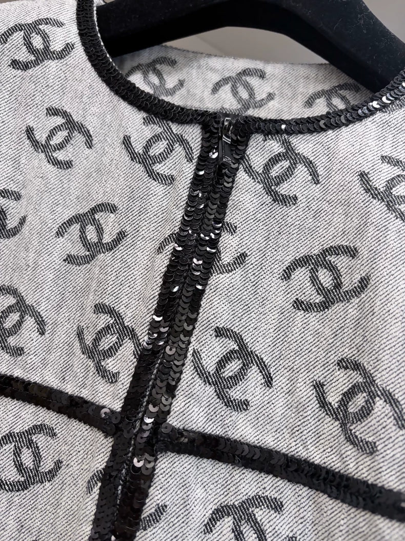 Chanel 22S Grey Double C Print Denim Jacket