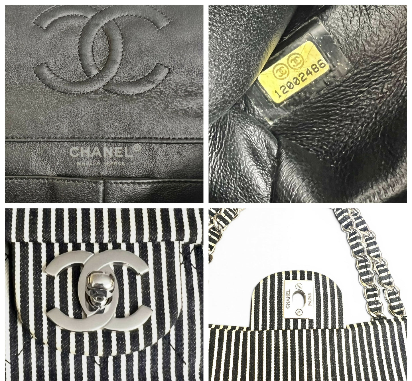 Chanel 08C Medium Black White Stripe Denim Canvas Classic Double Flap Bag