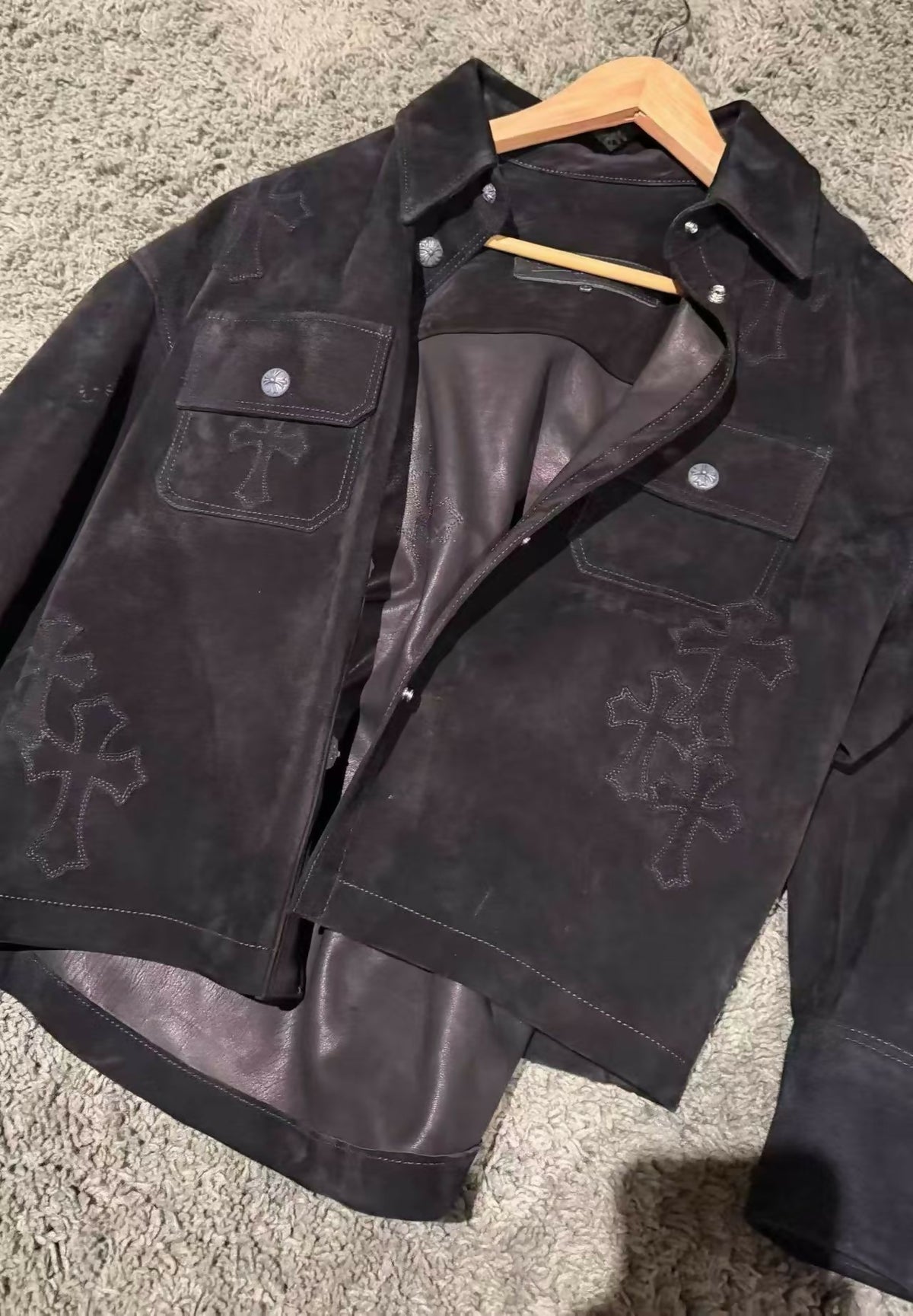 Chrome Hearts Cemetery Cross Patch Black Suede Work Shirt / Jacket (Size S) Sterling Silver Buttons