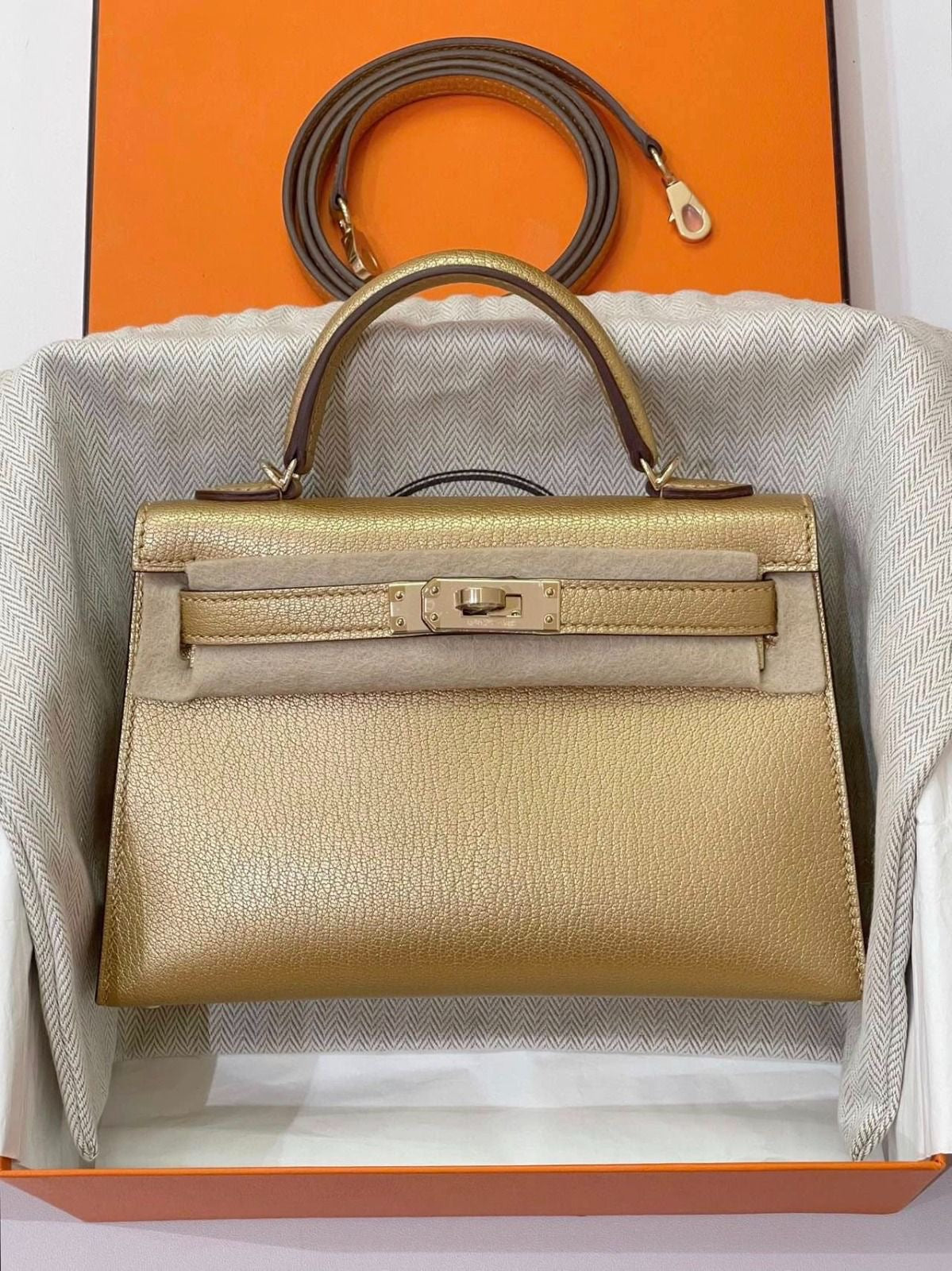 Hermes Mini Kelly 20 Dore Metallic Chevre Permabrass hardware