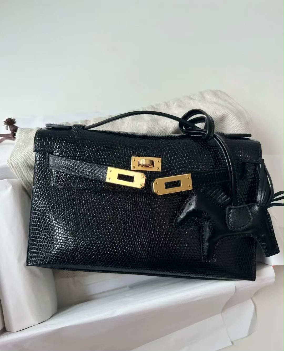 Hermes Kelly Pochette Black Lizard Good hardware