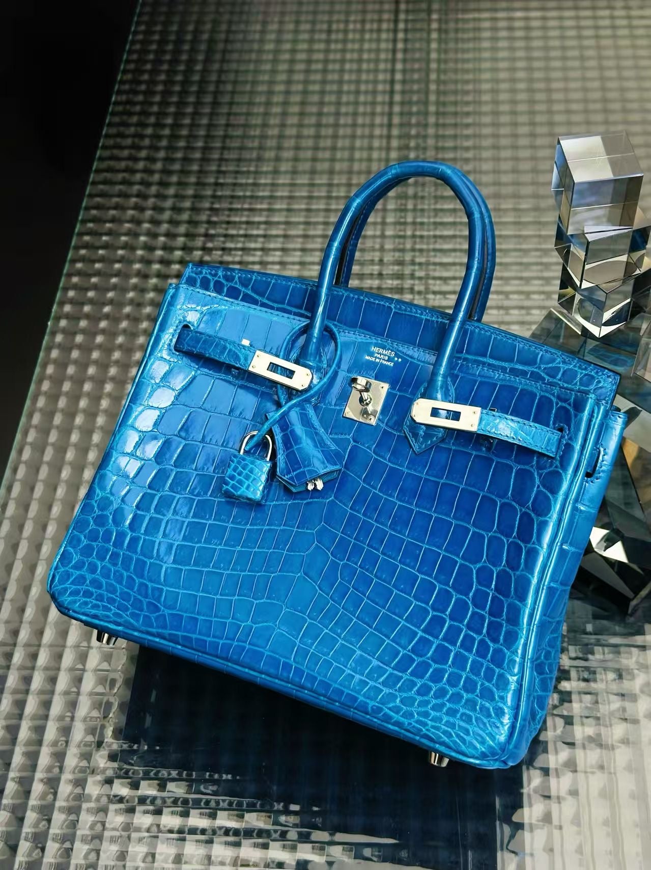 Hermes Birkin 25 Bleu Izmir Niloticus Lisse Shiny Palladium Hardware