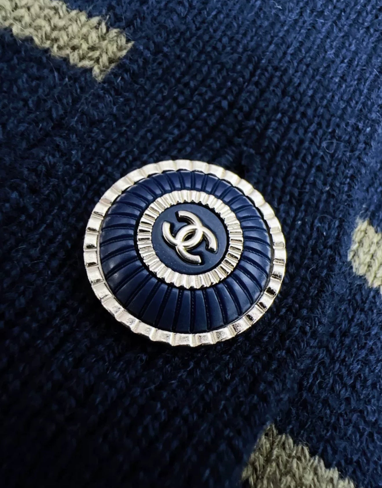 Chanel 20C Station Navy Blue Patched Striped Knitted Cardigan Jacket