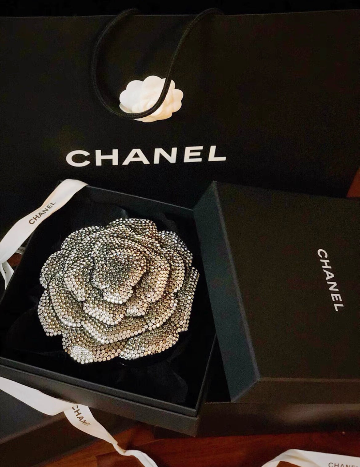 Chanel Strass and Resin Camellia Evening Clutch Bag Silver