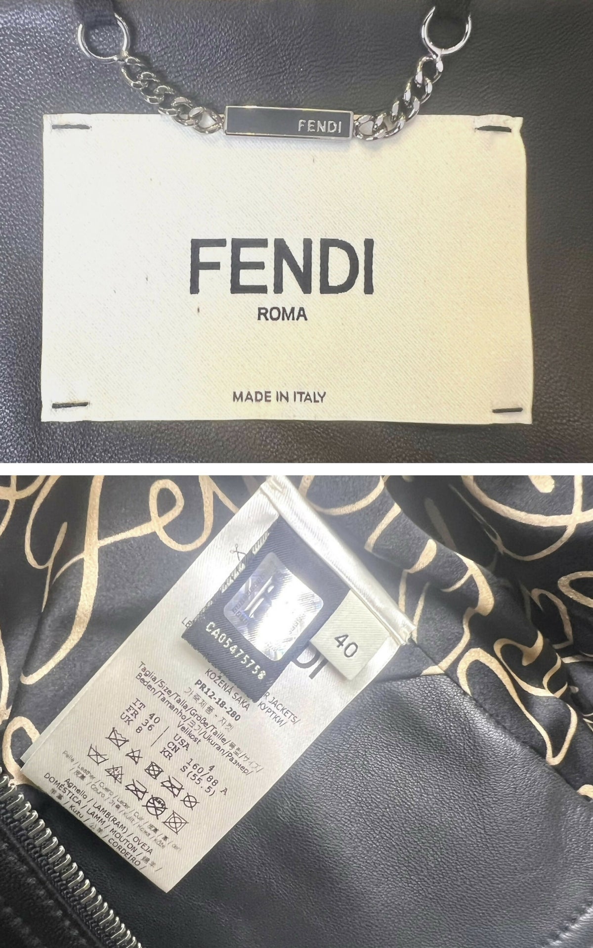 Fendi Black Leather Zucca Velvet Trim Biker Jacket