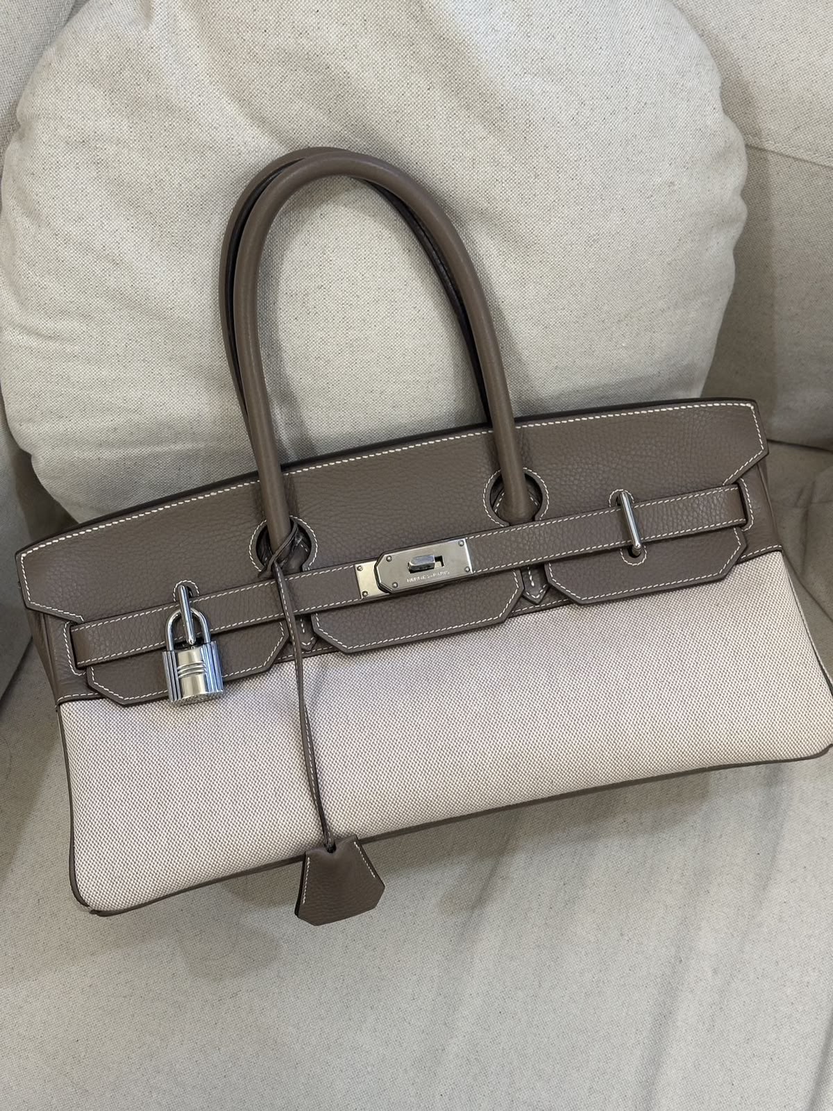 Hermes JPG Birkin Shoulder 42 Etoupe TC & Ecru Toile Palladium Harwdare
