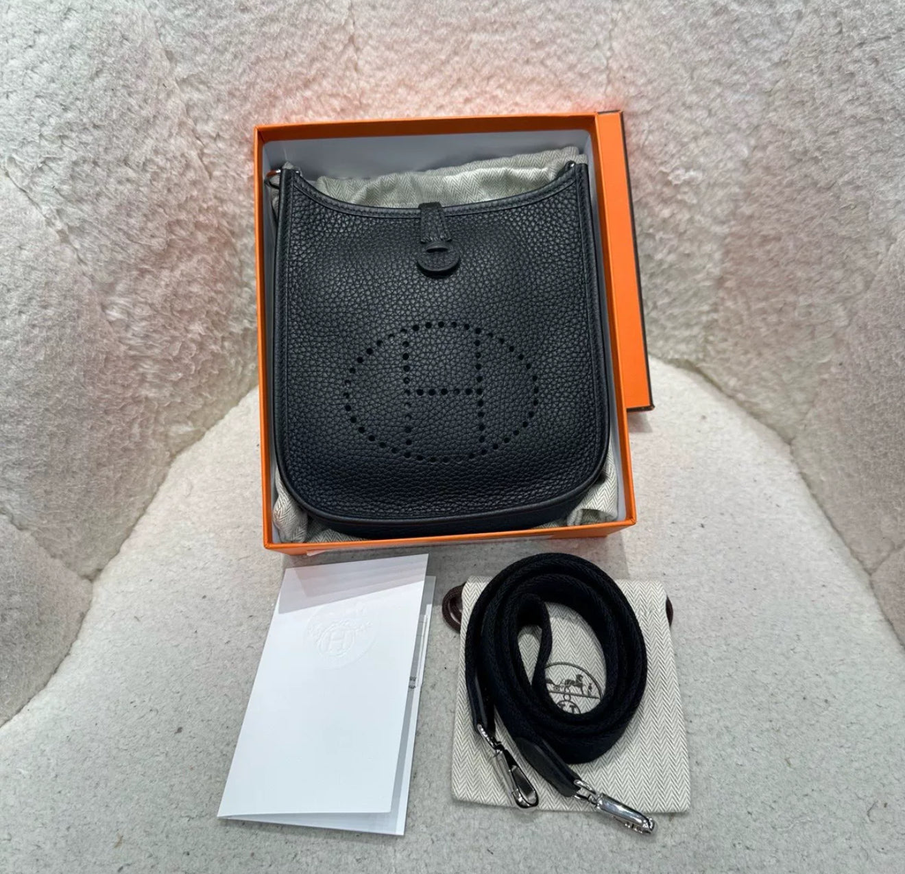HERMÈS MINI EVELYNE BAG IN BLACK CLEMENCE LEATHER WITH PALLADIUM HARDWARE