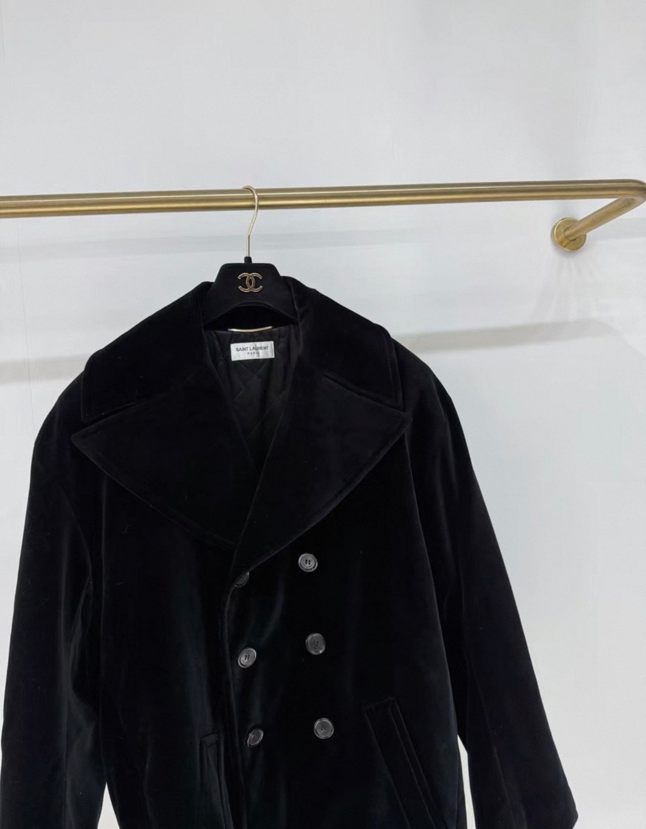 Saint Laurent rhinestone logo black velvet coat