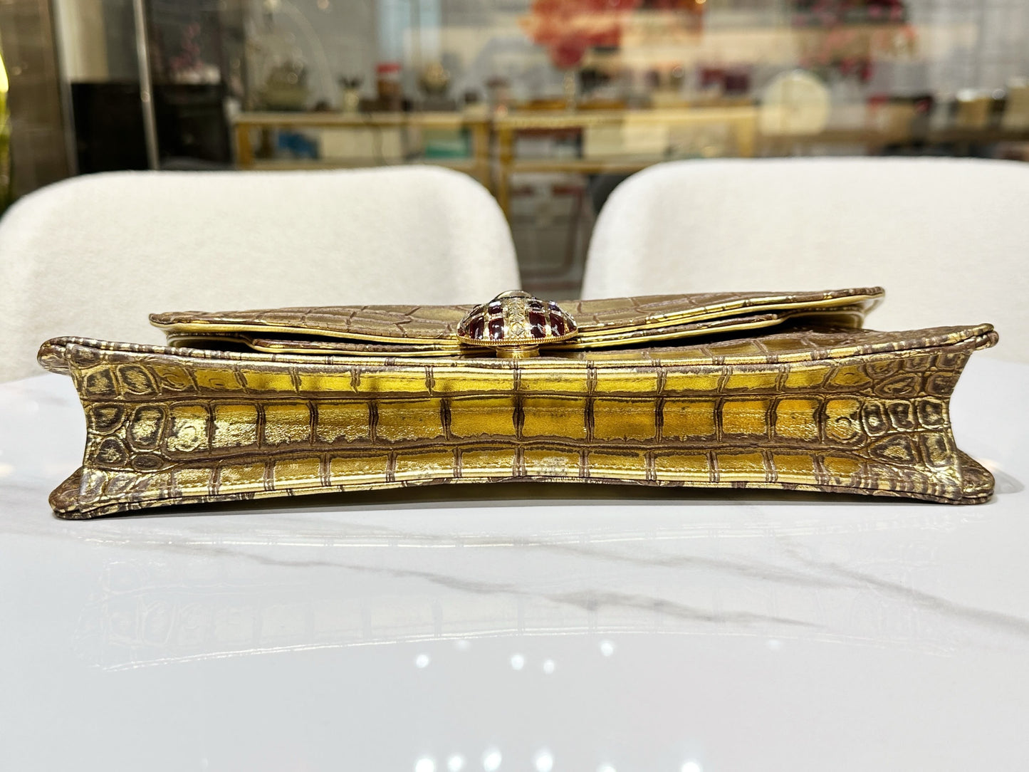 Chanel 19A Gold Crocodile Embossed Paris-New York Coco Scarab Ancient Egyptian Clutch Gold Hardware (Extremely Rare)