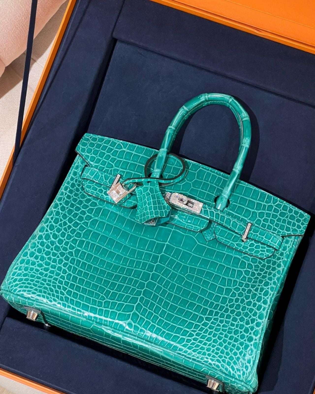 Hermès Birkin 25 Vert Jade Shiny Porosus Diamond Hardware