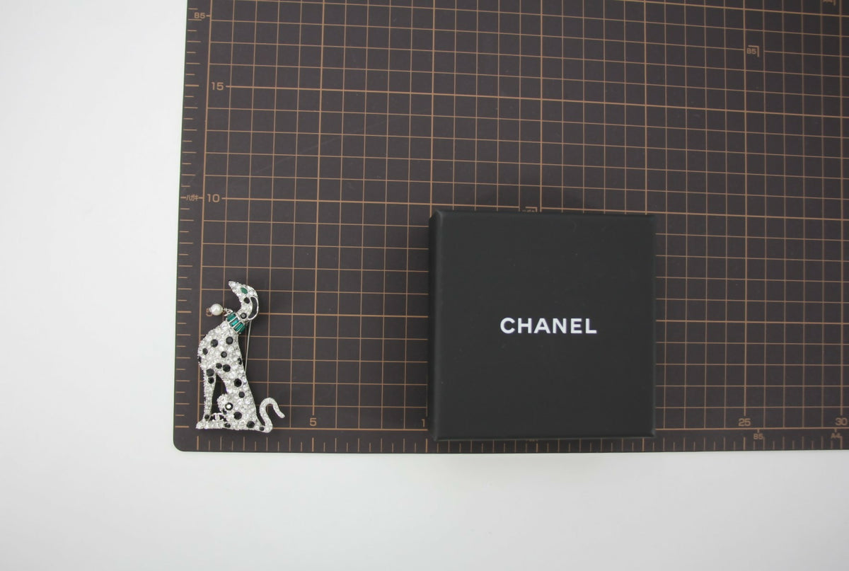 Chanel B26A Rhinestone Black Silver Green Dalmatian Brooch