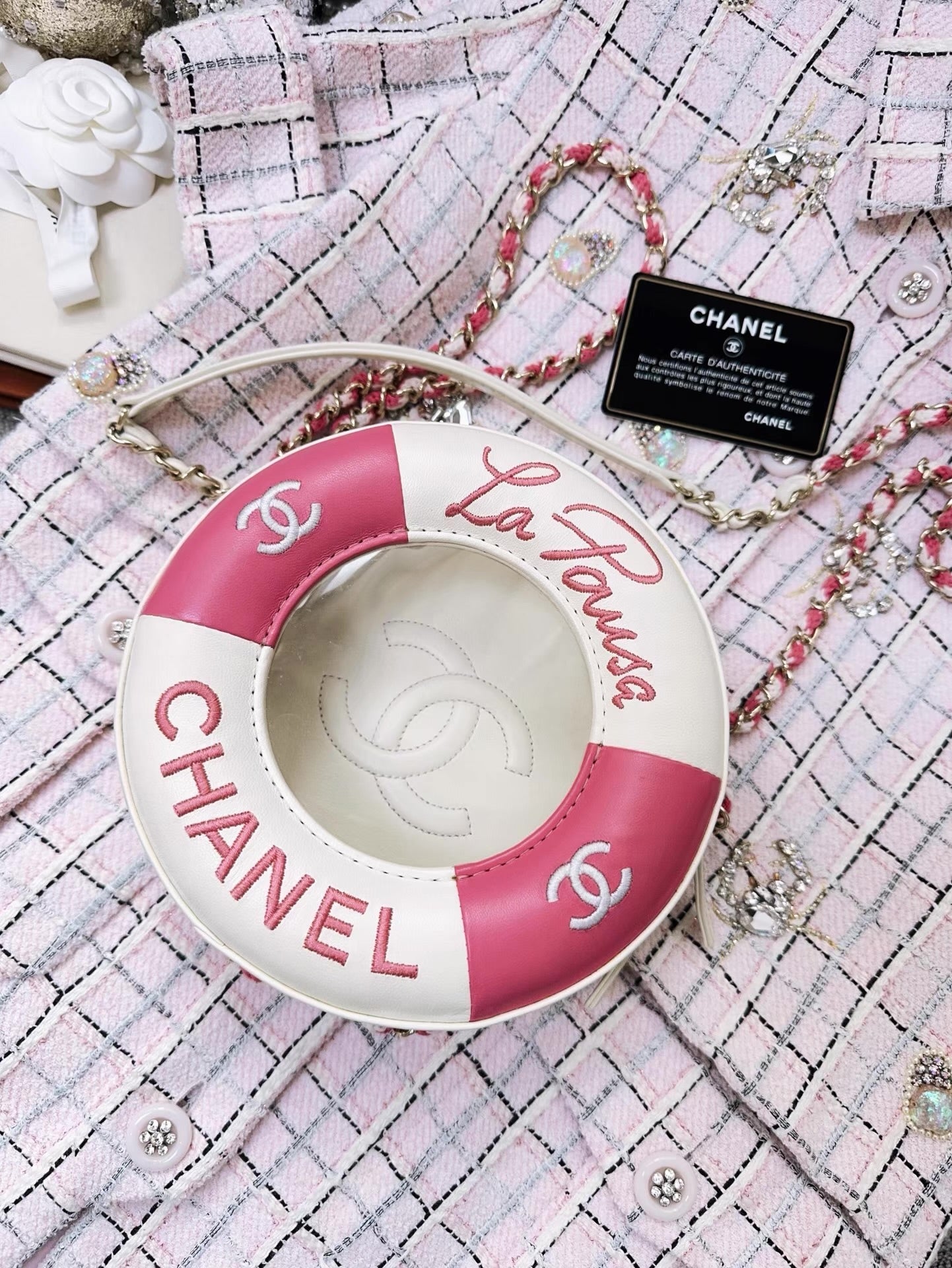Chanel 19C Pink/White Lambskin Leather Coco Lifesaver Small Round