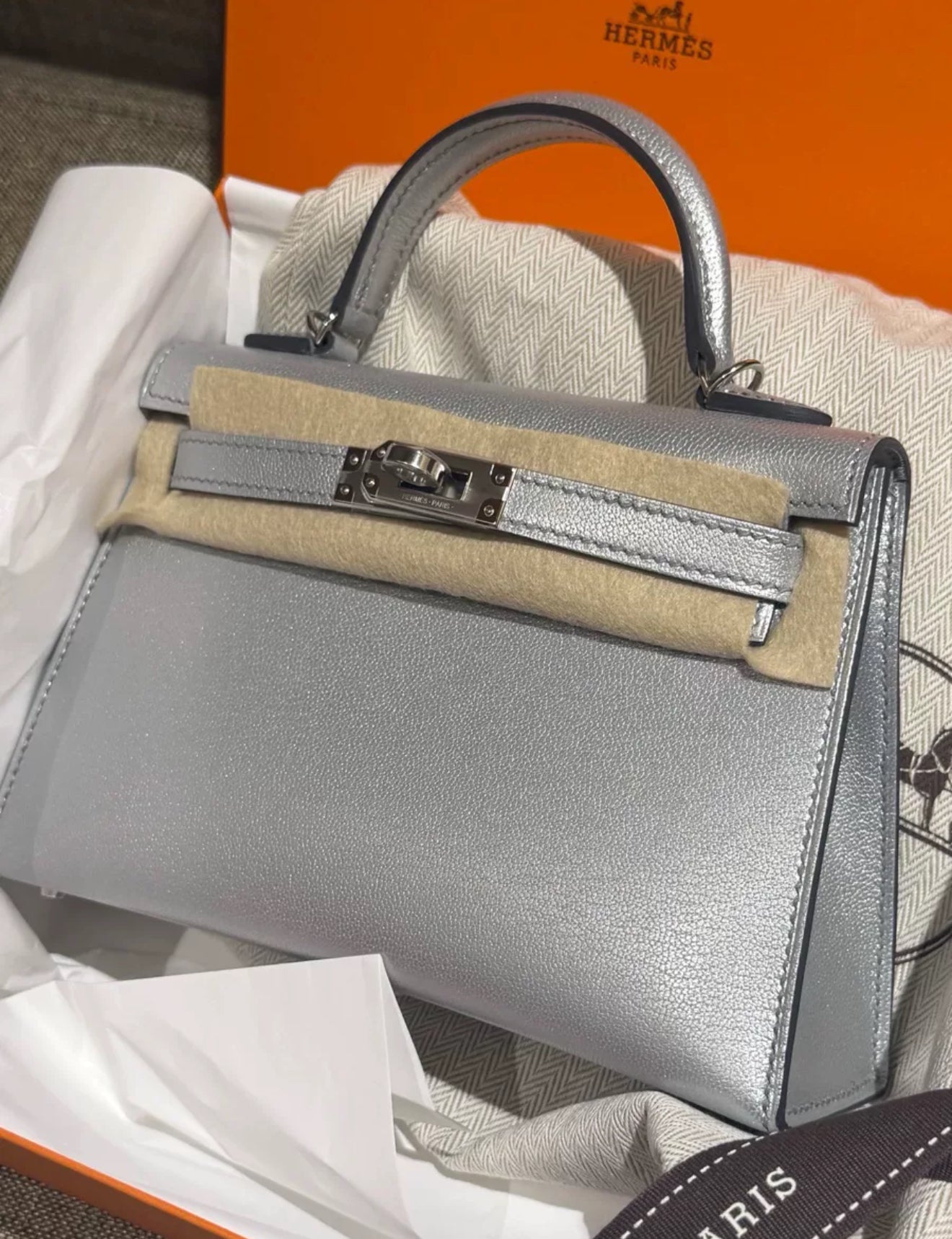 Limited Edition Hermes Mini Kelly Metallic Olympic Silver Leather