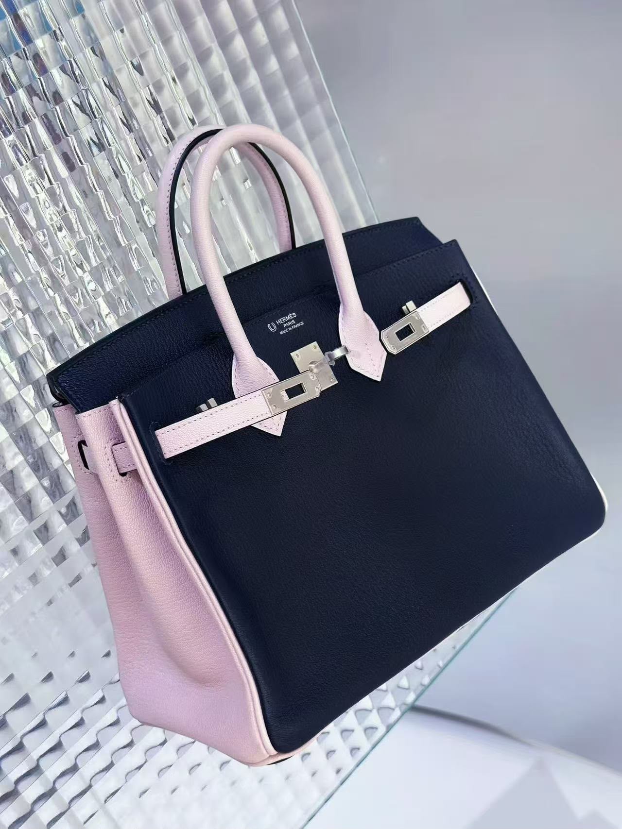 Hermes Birkin 25 black and mauve pale Chevre brushed palladium hardware