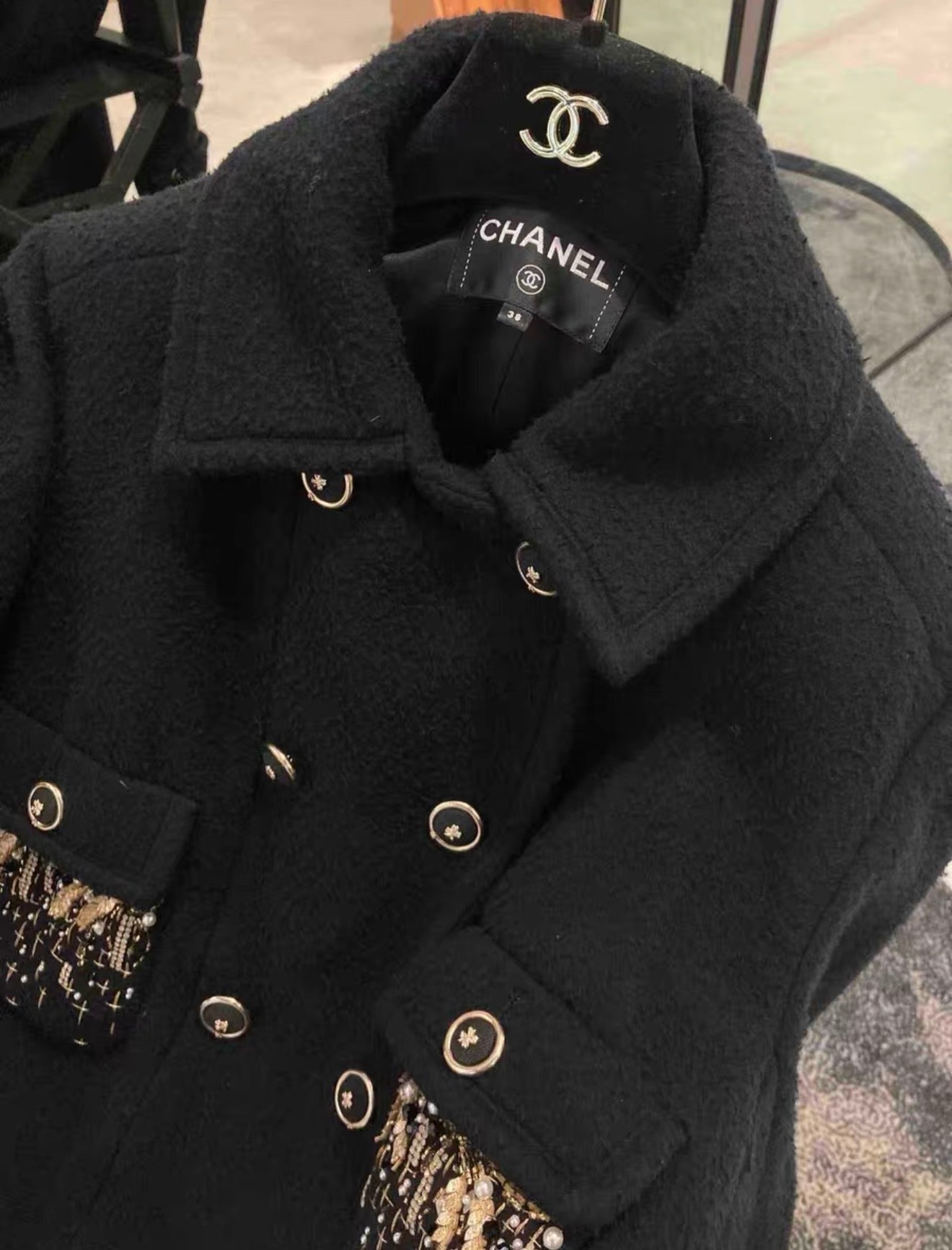 Chanel 20A black coat with gold embroidery details 38FR