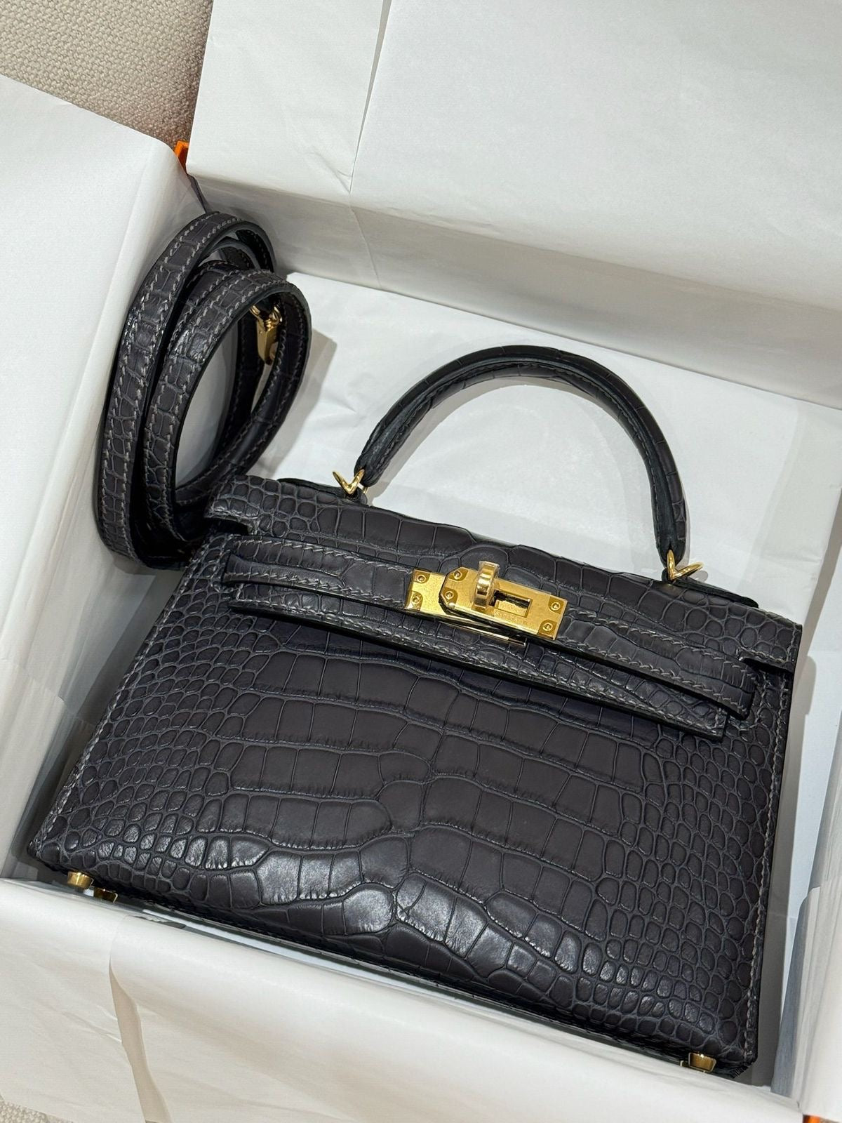 Hermes Mini Kelly 20 Graphite Matte Alligator Gold Hardware