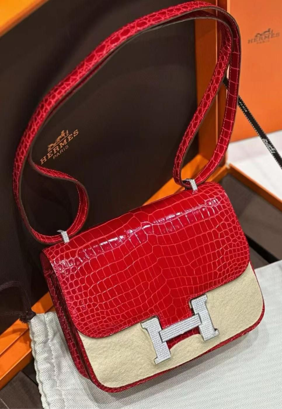 Hermes Constance 18 Braise Shiny Porosus Gold Diamond hardware