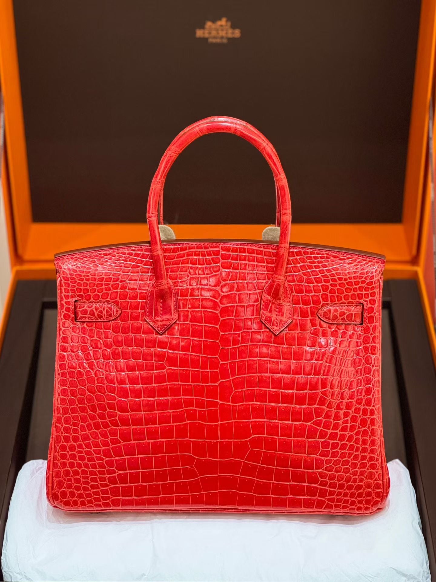 Hermes Birkin 30 Red Bougainvillea shiny crocodile leather 18k white gold diamond hardware