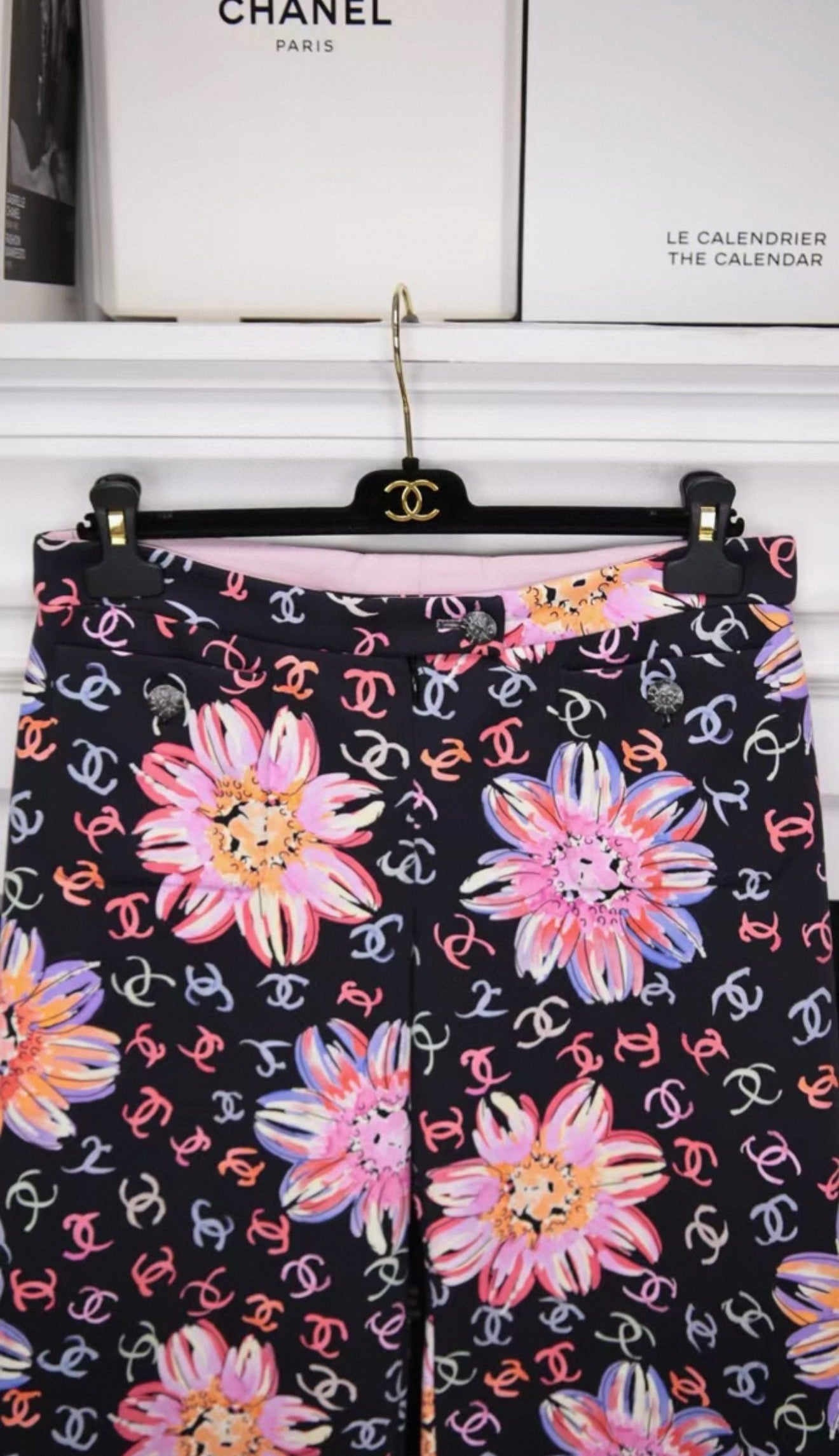 Chanel 24S Runway Colored Silk Wide-Leg Pants with All-Over CC Camellia Print