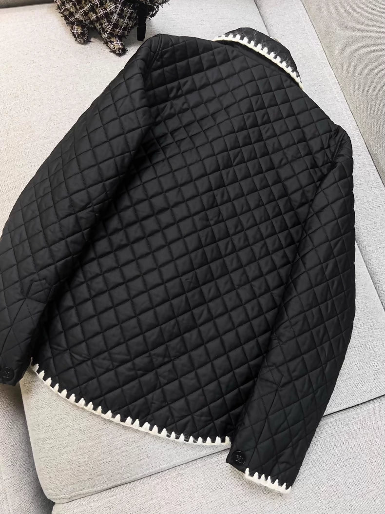 Chanel Ski Collection Black Diamond Quilted Cotton Jacket with White Trim