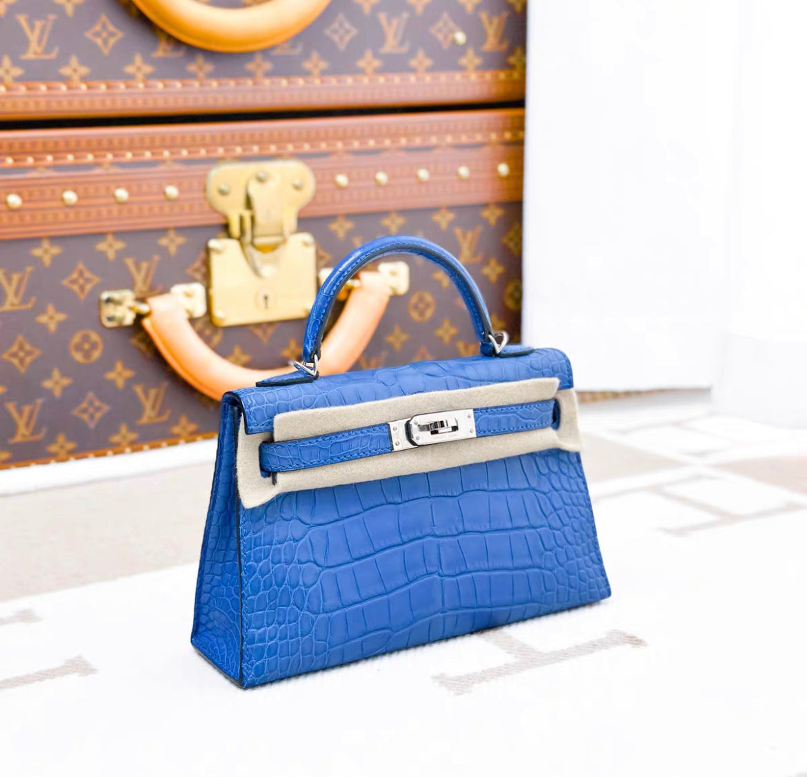 Hermès Kelly Sellier 20 Bleu Royal Matte Alligator Palladium