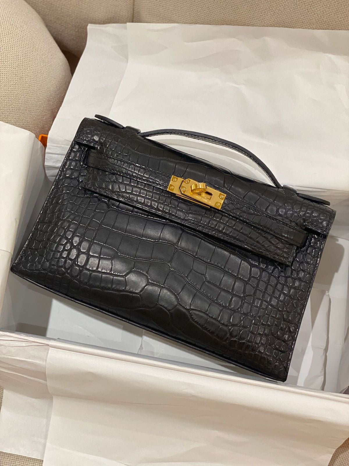 Hermes Kelly Pochette Graphite Matte Alligator Gold hardware