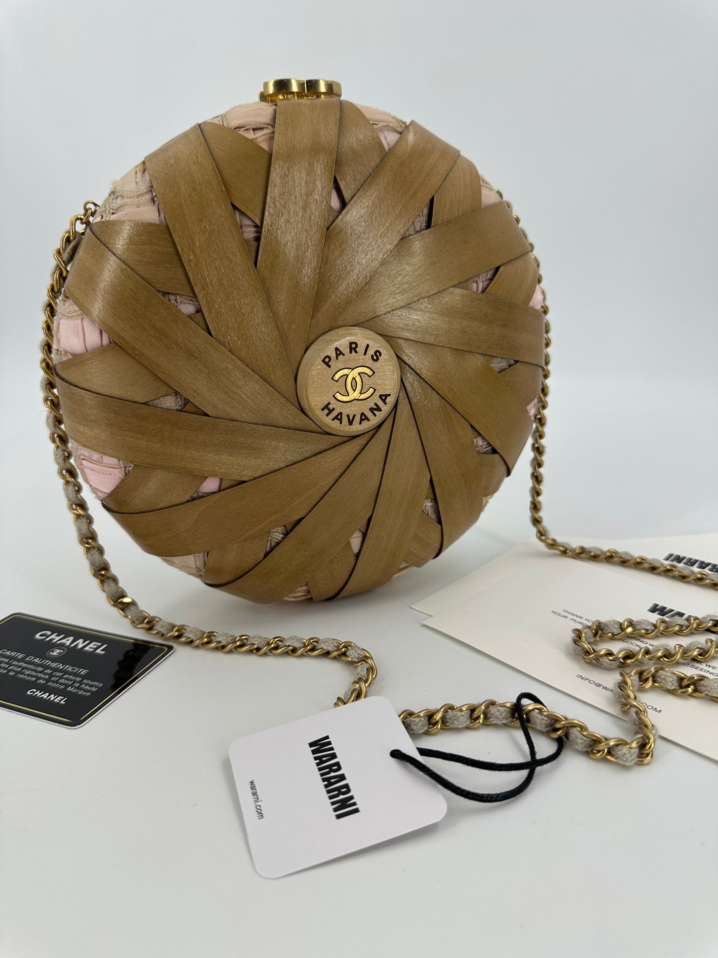 Rare Chanel “Havana By Night” Round Woven Wood and Tweed Minaudière