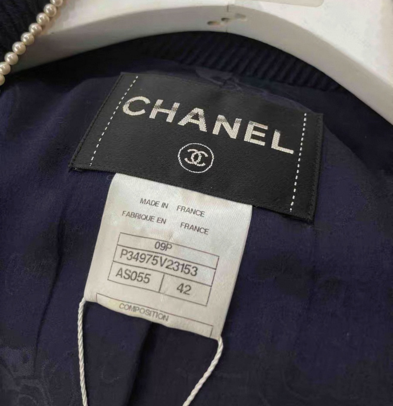 Chanel 09P Pearl Button Navy Blue Military Jacket FR42