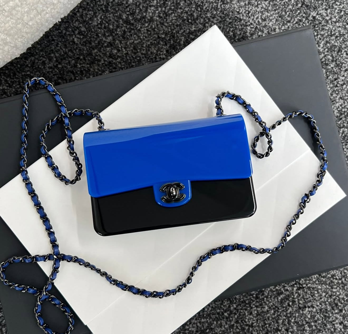 Rare CHANEL 21K BLUE BLACK MINI EVENING PLEXI BAG
