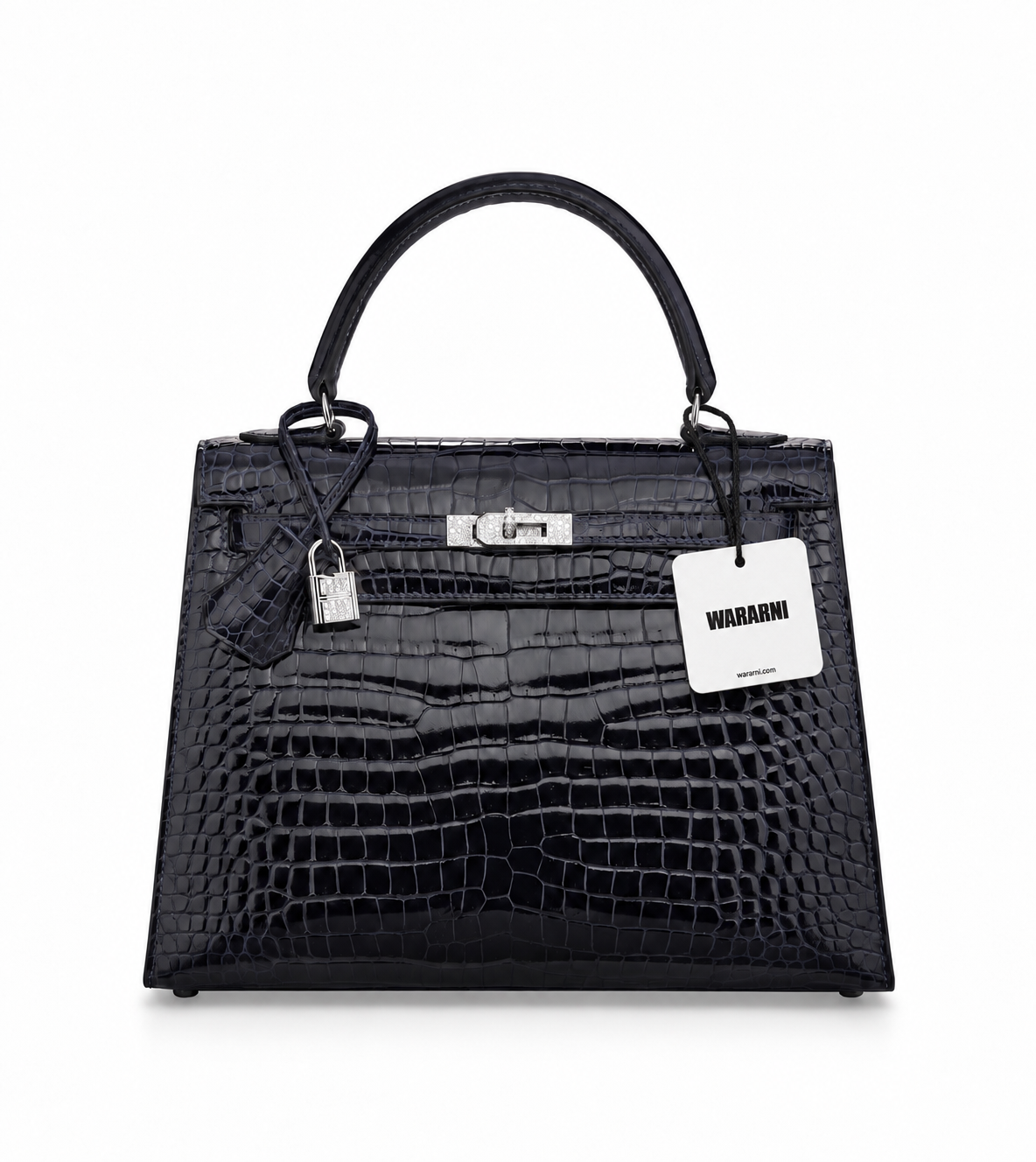 Hermes Kelly 25 Bleu Marine Shiny Crocodile Leather 18k White Gold Diamond Hardware