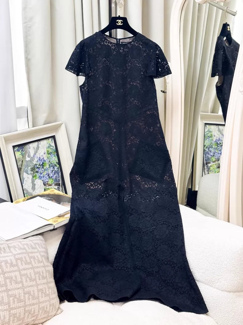 Chanel 25B black lace crochet logo embroidered long dress  Wararni.com
