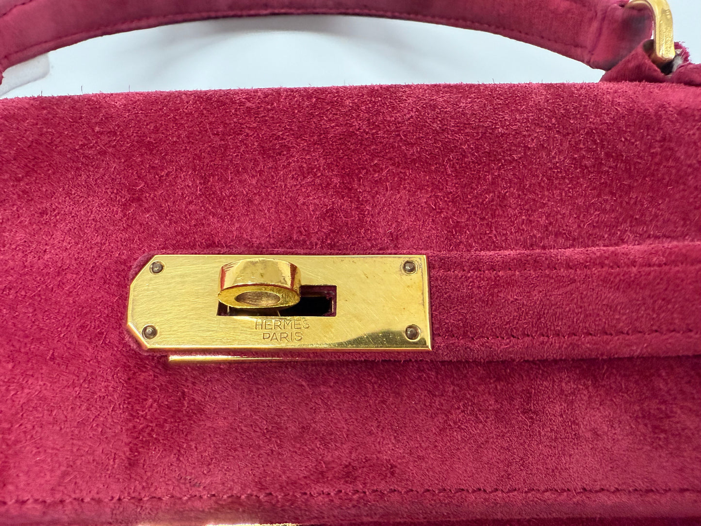 Rare Hermes Kelly 28 Pink Rose Doblis Suede leather gold hardware