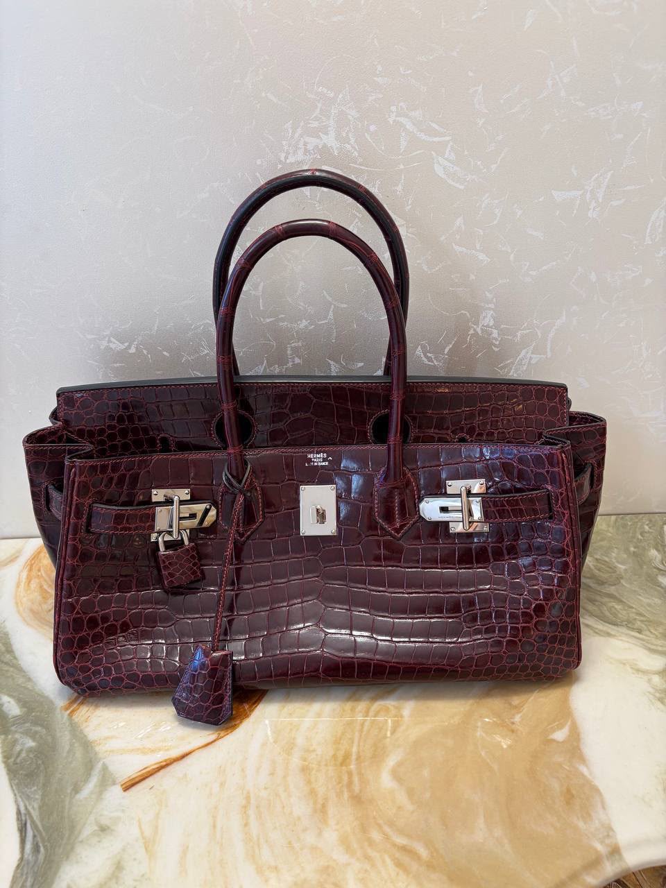 Hermes Birkin Shoulder 42 JPG Bordeaux Shiny porosus crocodile leather palladium hardware